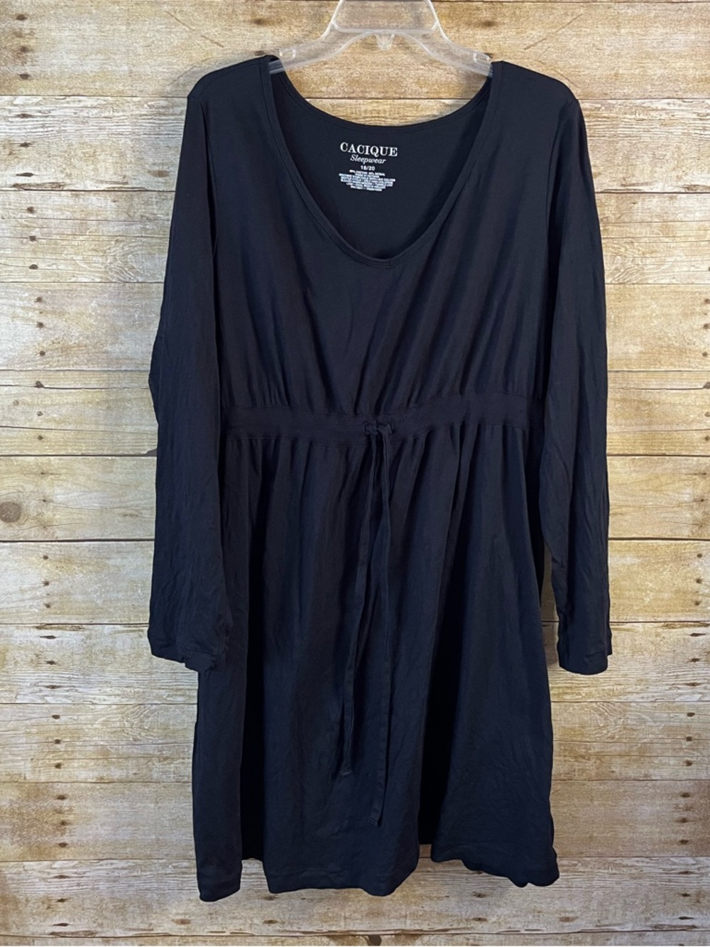 Cacique Black Long-Sleeve Scoop Neck Drawstring Waist Sleep Dress Size 18/20 EUC